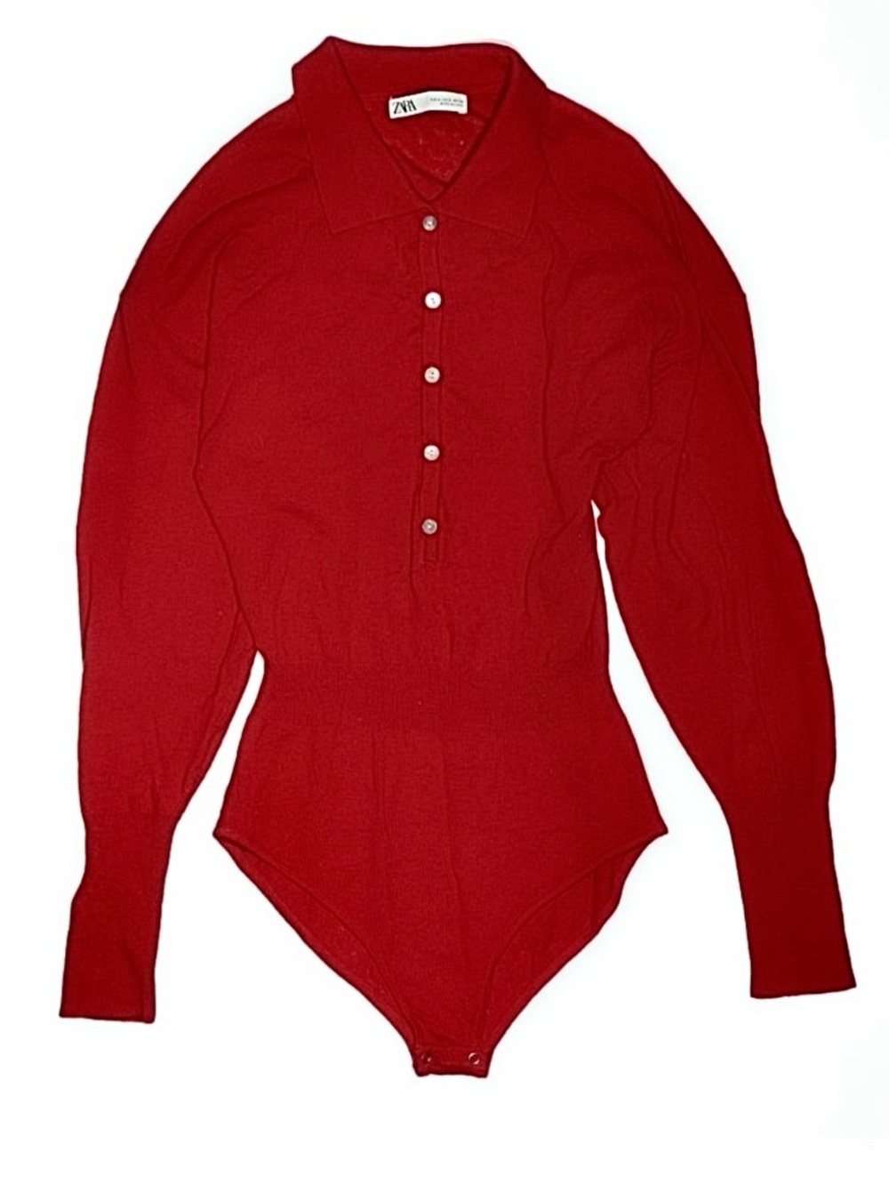 ZARA 100% Wool Fine Knit Polo Collar Bodysuit Red Puff Sleeve | Women's S